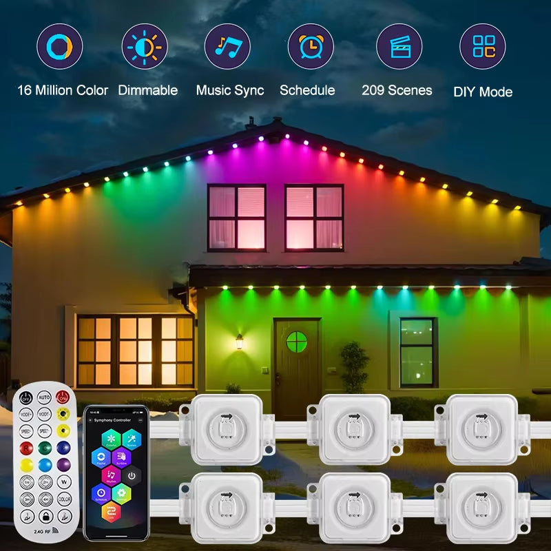 45M RGB Eaves LED Lights Permanent Outdoor Lights String APP Bluetooth Light Strip Scene Modes Full House Party Wedding Light